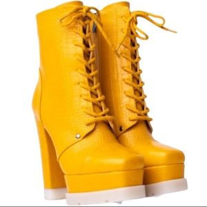 Mustard Yellow Vegan Leather Chunky Platform High Heel Combat Boots